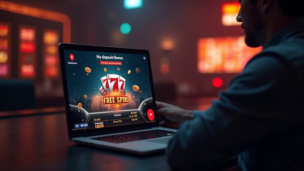 Spieler sieht No-Deposit-Bonus auf einem leuchtenden Casino-Bildschirm