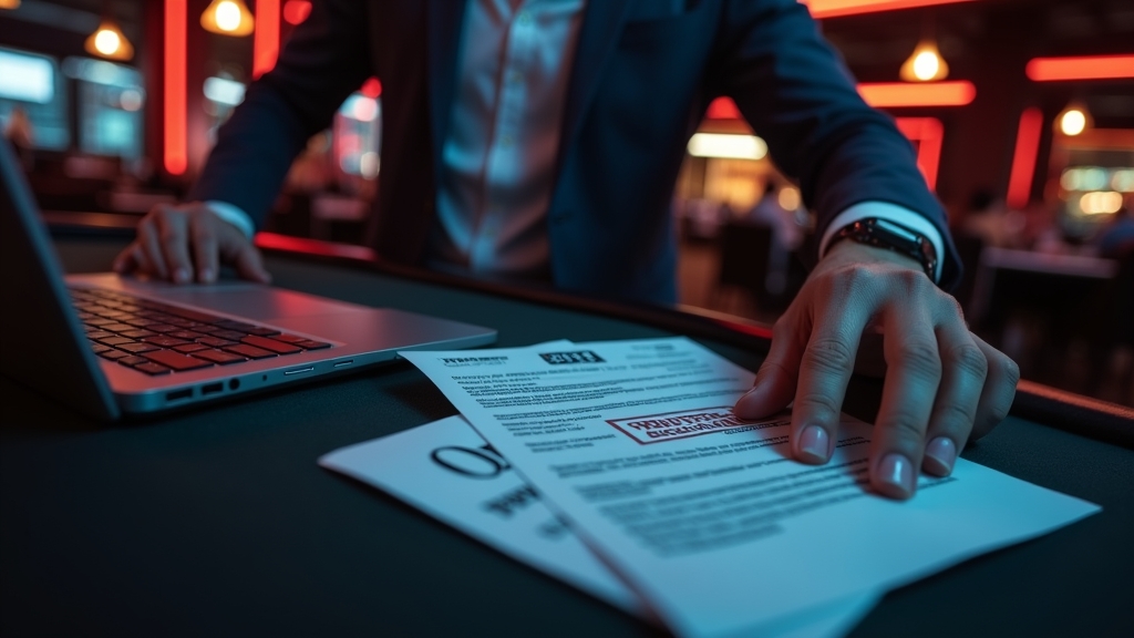 Dunkle Casino-Szene mit Dokumenten und geprüftem Auszahlungsstatus